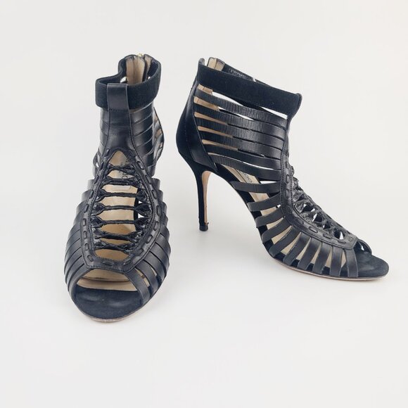 JIMMY CHOO Heels Black Gladiator Multistrap Caged Sandals Size 38 Retail $1050 - Picture 4 of 8